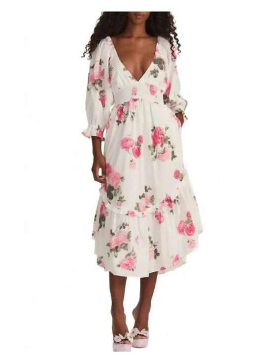 LoveShackFancy Dresses & Skirts - LoveShackFancy Firefly Dress Paradise Pink Floral Smocked Midi S/M Cotton V-Neck